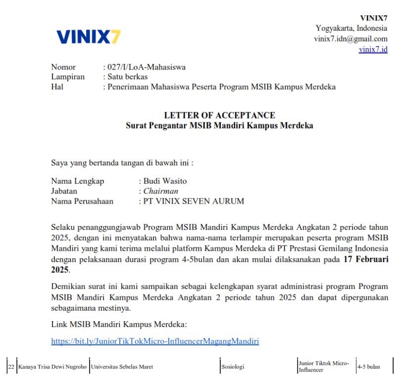 Mahasiswa Sosiologi Lolos MSIB Mandiri di PT VINIX Seven Aurum Divisi Tiktok Micro-Influencer